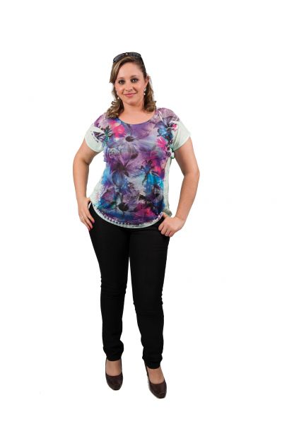 2927- Blusa Poliester com estampa sublimação,pregas na manga